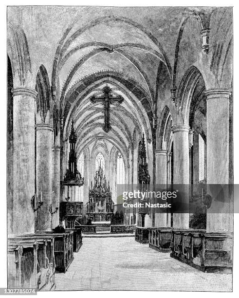 interior of the parish church of st. michael in ödenburg - vajdahunyad castle stock illustrations