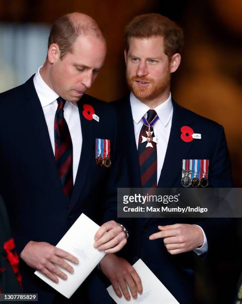 Prince William, Duke of Cambridge and Prince Harry attend an Anzac Day Service of Commemoration and Thanksgiving at Westminster Abbey on April 25,...