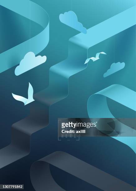 abstract geometric background stairs clouds birds - bright future stock illustrations