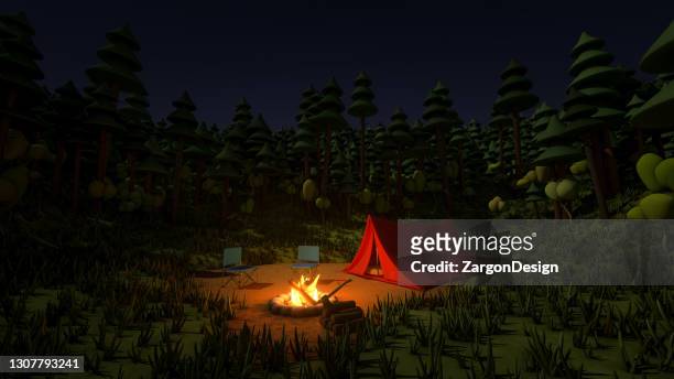 Tent at night with campfire