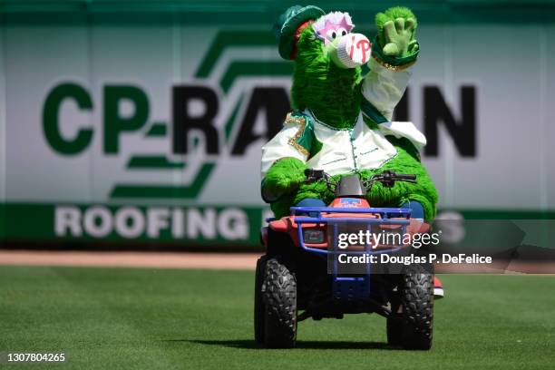 Philadelphia Phillies mascot the Phillie Phanatic drives an all terrain vehicle and waves to the fans between innings of a spring training game...