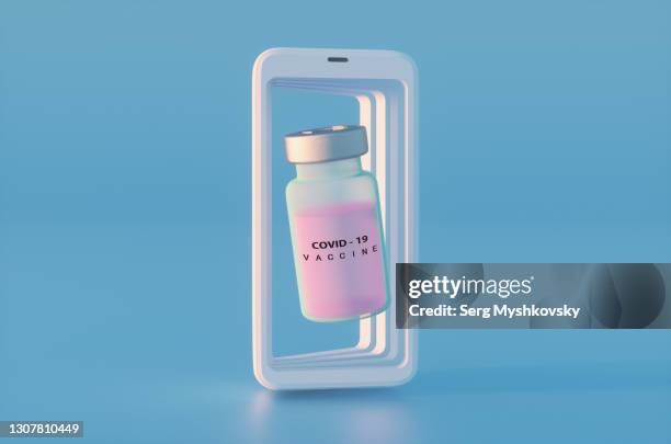 coronavirus covid-19 vaccine bottle inside smartphone mockup frame on blue background. 3d render digital vaccine passport. - passaporte de vacinação - fotografias e filmes do acervo