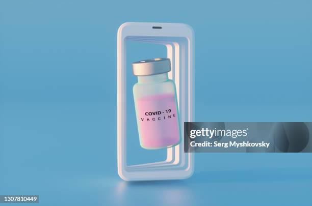 coronavirus covid-19 vaccine bottle inside smartphone mockup frame on blue background. 3d render digital vaccine passport. - 疫苗護照 個照片及圖片檔