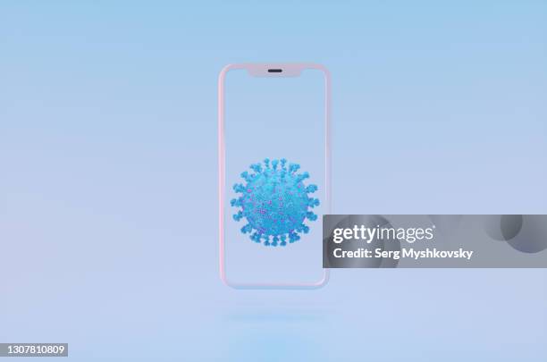 blue coronavirus covid-19 inside smartphone mockup screen. 3d render of vaccination passport concept. - immunisation certificate stock-fotos und bilder