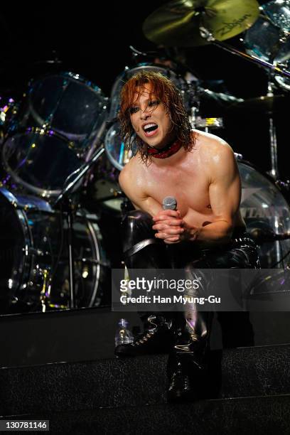 Japanese Singer Yoshiki of the band X Japan performs live during a concert at Olympic Gymnasium on October 28, 2011 in Seoul, South Korea.