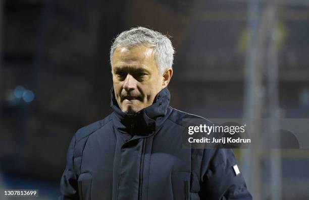 Jose Mourinho, Manager of Tottenham Hotspur looks dejected following defeat in the UEFA Europa League Round of 16 Second Leg match between Dinamo...