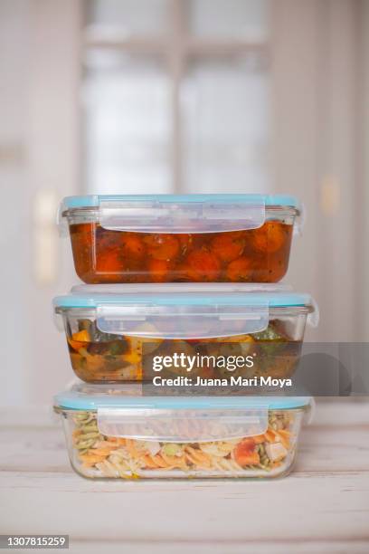 hermetic glass containers of cooked food.  concept of batch-cooking - meal planning stock pictures, royalty-free photos & images