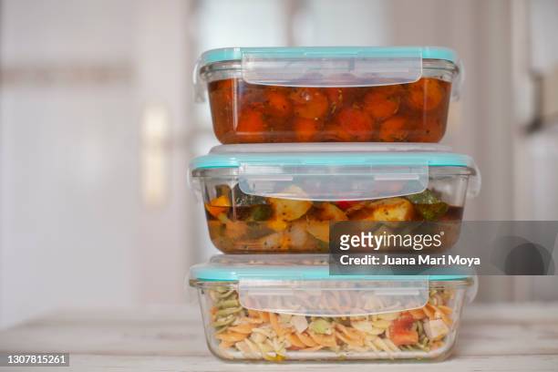 hermetic glass containers of cooked food.  concept of batch-cooking - container stock pictures, royalty-free photos & images