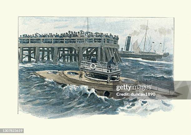 early submarine boat, victorian, 1890s, french, 19th century - submarine stock illustrations