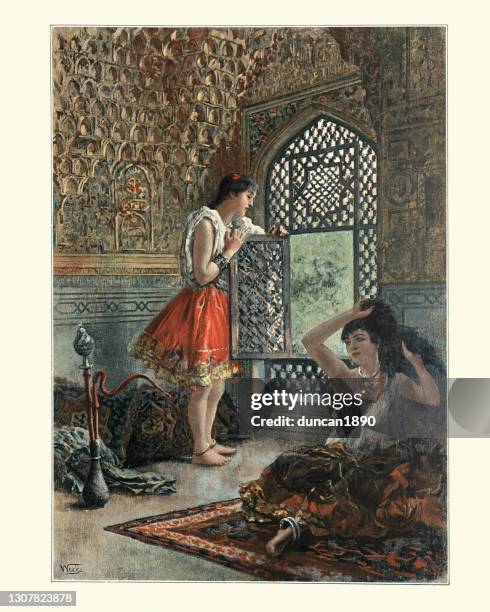 the wives of the shah of persia, victorian, 19th century, orientalism art - persian culture stock illustrations