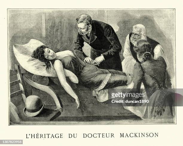 victorian doctor checking pulse of a young woman, 1890s - fainting stock illustrations