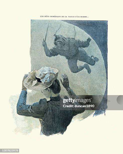 ilustraciones, imágenes clip art, dibujos animados e iconos de stock de mujer conmocionada por buzo, mirando a través de la ventana submarina, victoriano - vintage woman diving