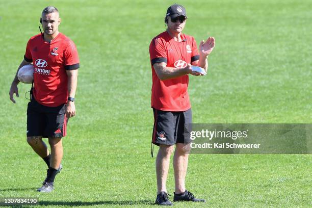 Assistant Coach Tamati Ellison and Head Coach Scott Robertson react during a Crusaders Super Rugby Aotearoa training session at Rugby Park on March...