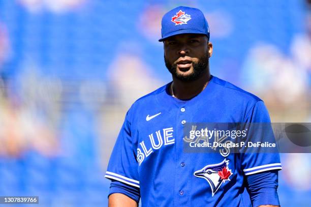 Francisco Liriano of the Toronto Blue Jays looks on during the fifth inning against the Baltimore Orioles during a spring training game at TD...