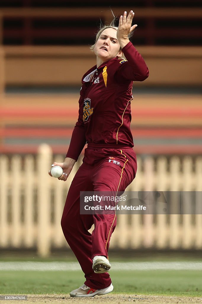 Lilly Rills Lilly Mills of the Fire bowls during the WNCL match between New South ...