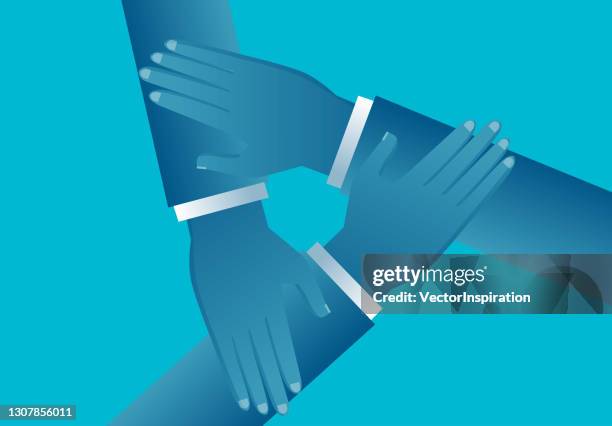 three hands stacked together, tripartite agreement, concept of cooperation and friendship - color block stock illustrations