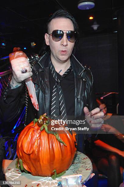 Marilyn Manson attends the Halloween Weekend With The "Beautiful People" At The Bank Nightclub at the Bellagio on October 29, 2011 in Las Vegas,...