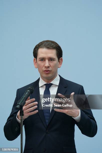 Austrian Chancellor Sebastian Kurz and Armin Laschet, Premier of North-Rhine Westphalia , speak to the media before talks at the state representation...