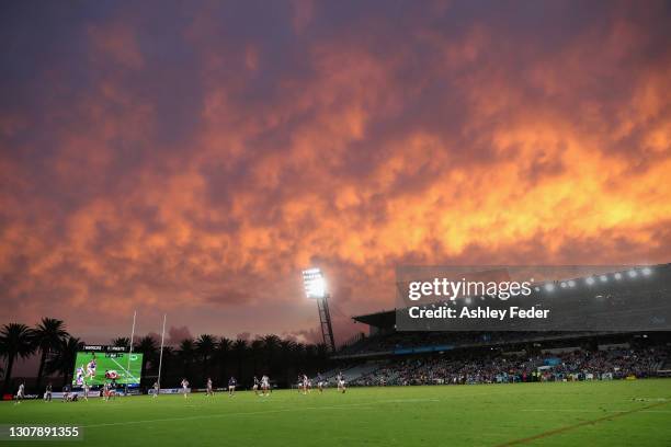 General View of Central Coast Stadium during sunset during the round two NRL match between the New Zealand Warriors and the Newcastle Knights at...