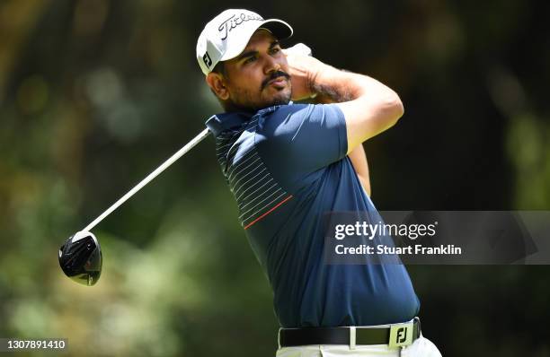 Gaganjeet Bhullar of India plays his tee shot on the 6th hole during Day Two of the Magical Kenya Open at Karen Country Club on March 19, 2021 in...