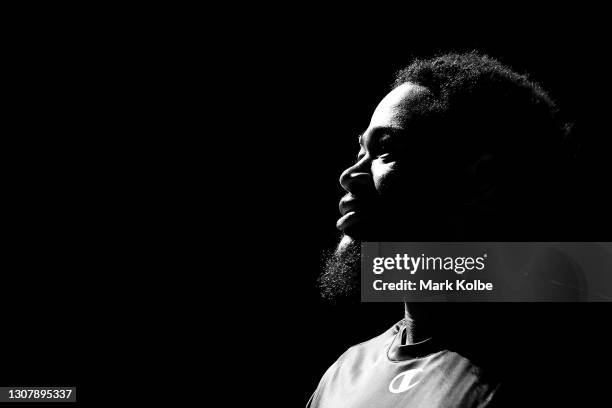 Jarell Martin of the Kings watches on during the warm-up before the NBL match between the Sydney Kings and Melbourne United at Qudos Bank Arena on...