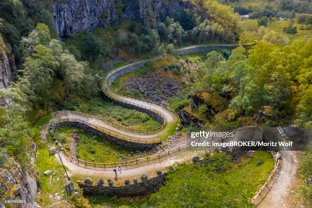 Aerial view, Old Road Vindhellavegen, Kongevegen, Old Royal Road over Filefjell, near Vindhella, Norway