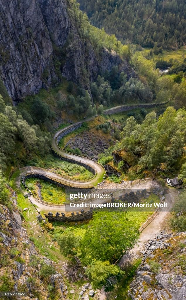 Aerial view, Old Road Vindhellavegen, Kongevegen, Old Royal Road over Filefjell, near Vindhella, Norway