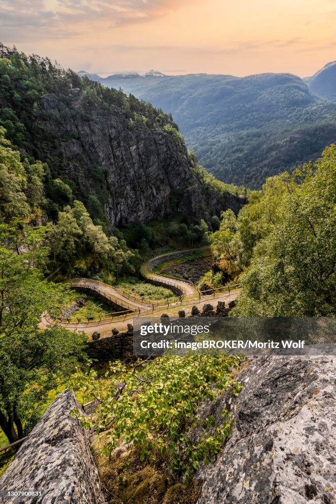 Aerial view, evening mood, Old Road Vindhellavegen, Kongevegen, Old Royal Road over Filefjell, near Vindhella, Norway