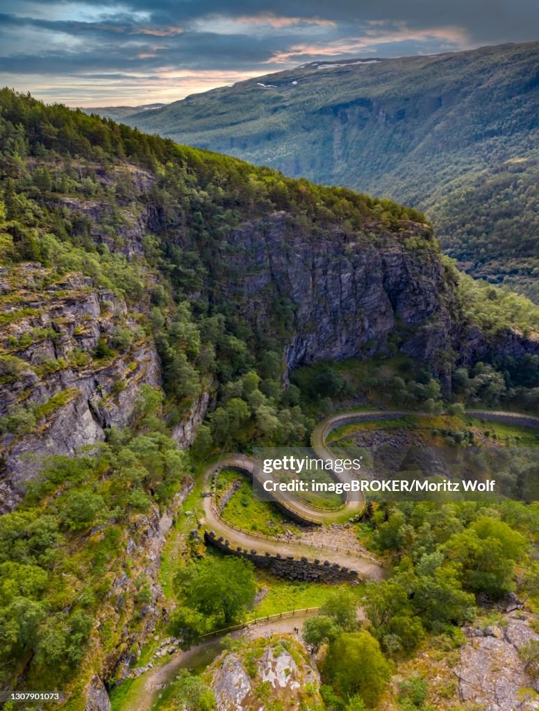 Aerial view, evening mood, Old Road Vindhellavegen, Kongevegen, Old Royal Road over Filefjell, near Vindhella, Norway