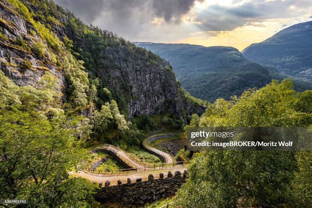 Aerial view, evening mood, Old Road Vindhellavegen, Kongevegen, Old Royal Road over Filefjell, near Vindhella, Norway