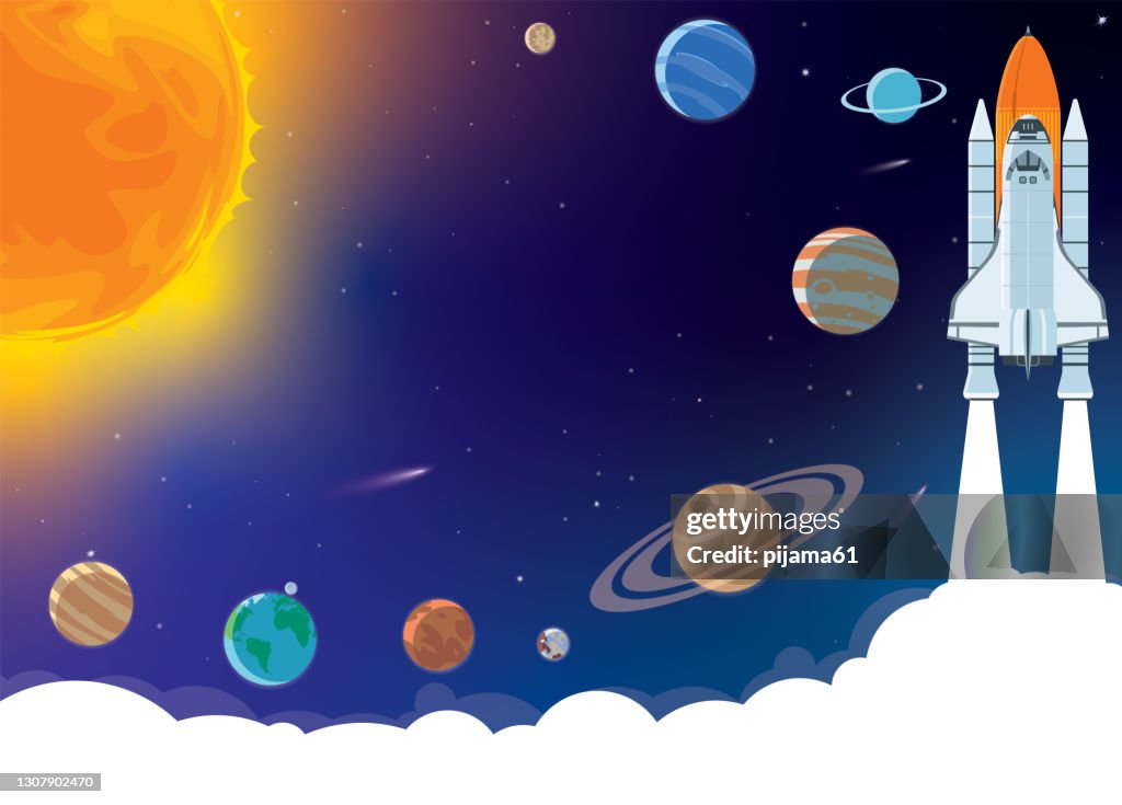 Space Horizontal Background With Rocket Planets Cosmonaut And Copy Space  For Your Text In Cartoon Style Concept Banner With The Solar System For  Your Design High-Res Vector Graphic - Getty Images