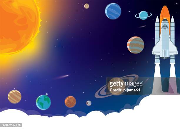 space horizontal background with rocket, planets, cosmonaut and copy space for your text in cartoon style. concept banner with the solar system for your design. - rocket space stock illustrations