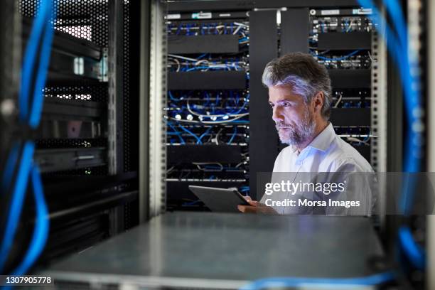 professional with digital tablet examining in server room - administrator stock-fotos und bilder