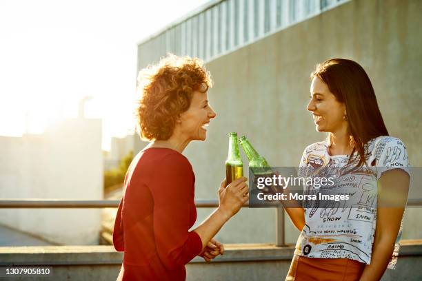 female friends talking while toasting beer on rooftop - beer cheers stock-fotos und bilder