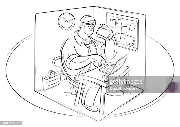 businessman with smartphone and laptop working on small office at midnight line drawing - working late home stock illustrations