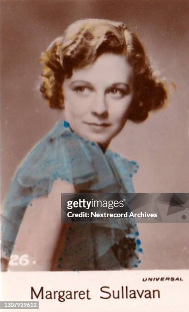 Postage stamp sized miniature collectible tobacco or cigarette card, 'Film Stars' 4th series, published in 1935 by C T Bridgewater depicting...