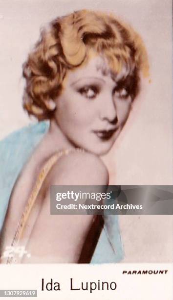 Postage stamp sized miniature collectible tobacco or cigarette card, 'Film Stars' 4th series, published in 1935 by C T Bridgewater depicting...