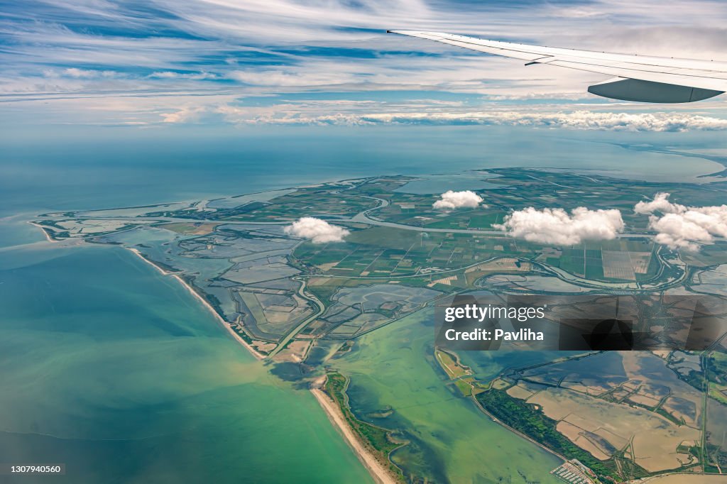 Aerial view of Lagoons near Venice, Veneto, Italy, Europe