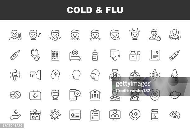 stockillustraties, clipart, cartoons en iconen met griep en koude lijnpictogrammen. bewerkbare lijn. pixel perfect. voor mobiel en web. bevat pictogrammen zoals griep, coronavirus, virus, neusblazen, hoesten, koorts, niezen, handen wassen, thermometer, geneeskunde, ziekenhuis, arts, vaccin, pillen, spierpi - sneezing