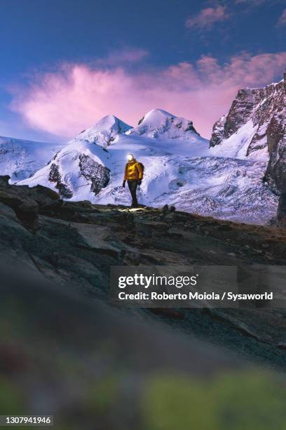 hiker admiring castor and pollux peaks at dawn, zermatt, switzerland - valais canton stock pictures, royalty-free photos & images