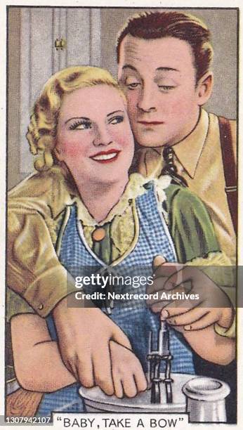 Collectible tobacco or cigarette card, 'Shots from Famous Films' series, published in 1935 by Gallaher Ltd, here actors Claire Trevor and James Dunn...