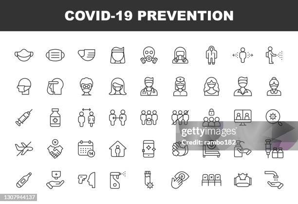 covid-19 prevention line icons. editable stroke. pixel perfect. for mobile and web. contains such icons as face mask, visor, disinfection, doctor, senior adult, syringe, medicine, pharmacy, video conference, travel ban, stay home, vaccine. - protective face mask vector stock illustrations