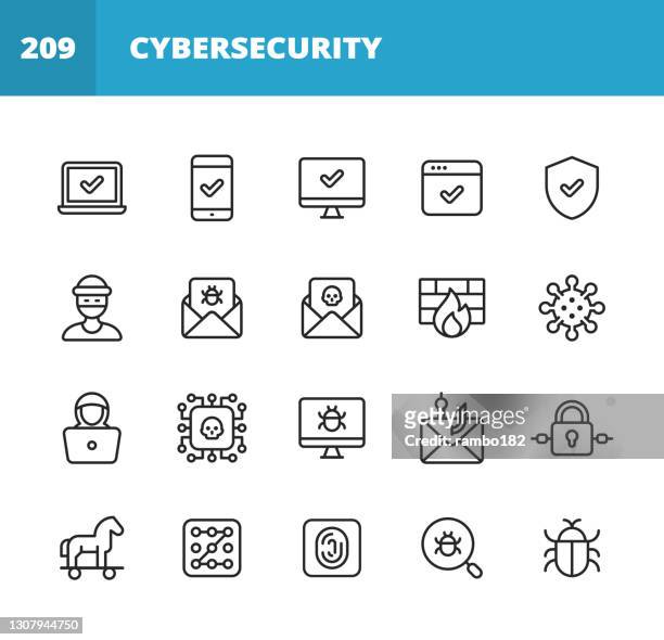 cyber security line icons. editable stroke. pixel perfect. for mobile and web. contains such icons as shield, bug, virus, trojan horse, hacker, thief, network, padlock, pass code, password, identity, phishing, surveillance, firewall, programming, privacy - trojan horse virus stock illustrations