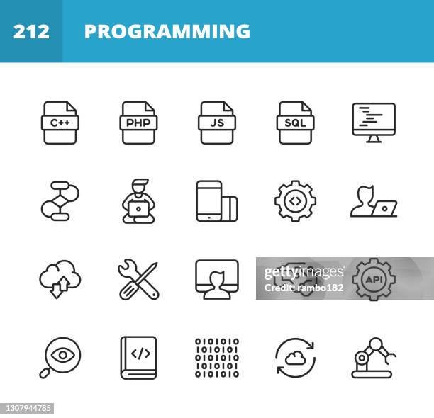 computer programming line icons. editable stroke. pixel perfect. for mobile and web. contains such icons as programming, computer language, software development, coding, virus, error, machine learning, artificial intelligence, agile, hacker, java, sql. - system configuration stock illustrations