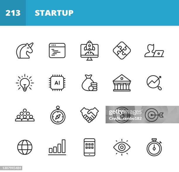 startup line icons. editable stroke. pixel perfect. for mobile and web. contains such icons as unicorn, growth, programming, venture capital, video conference, deal, agile, mobile app, vision, goal, achievement, founder, entrepreneur, cryptocurrency. - founder icon stock illustrations