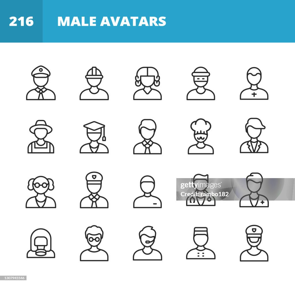Male Avatar Line Icons. Editable Stroke. Pixel Perfect. For Mobile and Web. Contains such icons as Avatar, Man, Occupation, Policeman, Construction Worker, Judge, Lawyer, Thief, Farmer, Student, Chef, Professor, Soldier, Doctor, Accountant.