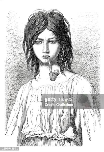 ungarische zigeuner junge frau rauchen pfeife 1870 - ungarische kultur stock-grafiken, -clipart, -cartoons und -symbole
