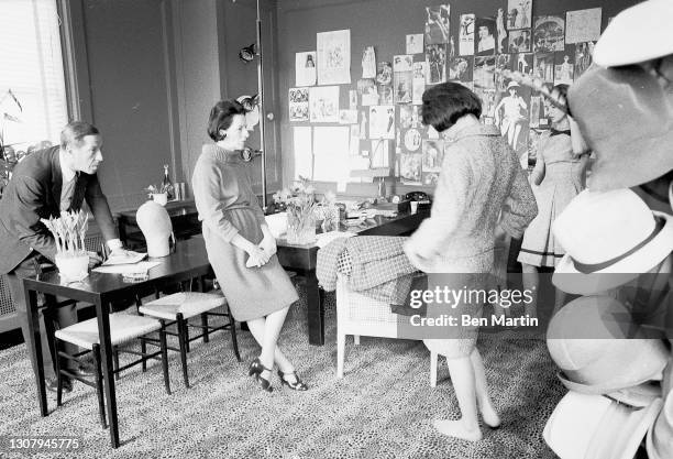 Diana Vreeland , Editor-in-Chief of Vogue magazine, selecting designs for an issue of the magazine, May 1, 1963.