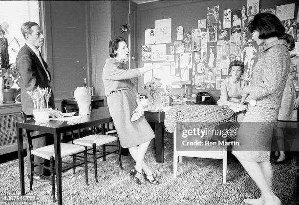 Diana Vreeland , Editor-in-Chief of Vogue magazine, selecting designs for an issue of the magazine, May 1, 1963.