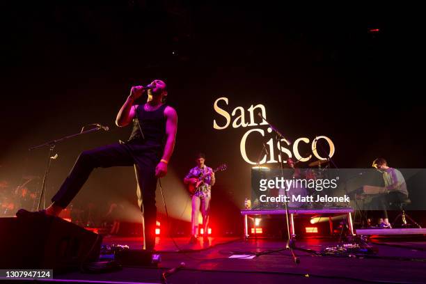 Jordi Davieson of San Cisco performs on stage at the Hear & Now Festival on March 19, 2021 in Perth, Australia.